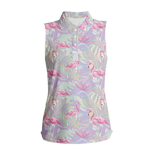 Pink flamingo tropical floral pattern Women sleeveless polo shirt, floral golf shirt womens NQS5712