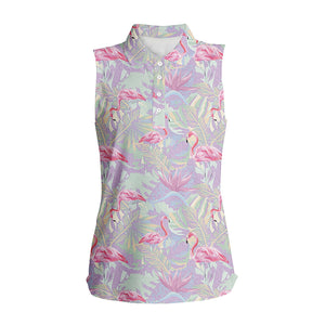 Pink flamingo tropical floral pattern Women sleeveless polo shirt, floral golf shirt womens NQS5712