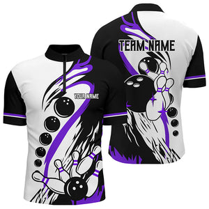 Black and white retro bowling league jerseys custom Men Bowling Shirts, gifts for bowlers | Purple NQS8228