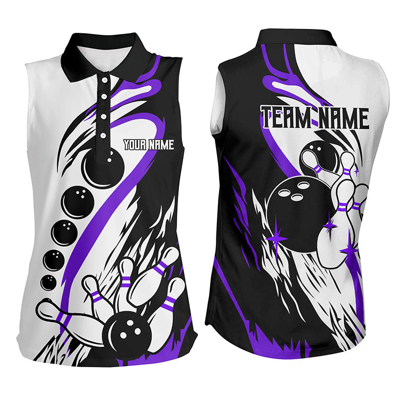 Black and white retro bowling league jersey custom Women sleeveless polo Shirts, bowler gifts | Purple NQS8228