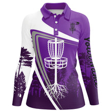 Load image into Gallery viewer, Womens disc golf polo shirt custom name purple disc golf basket, personalized disc golf shirts NQS8681