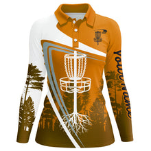 Load image into Gallery viewer, Womens disc golf polo shirt custom name orange disc golf basket, personalized disc golf shirts NQS8682