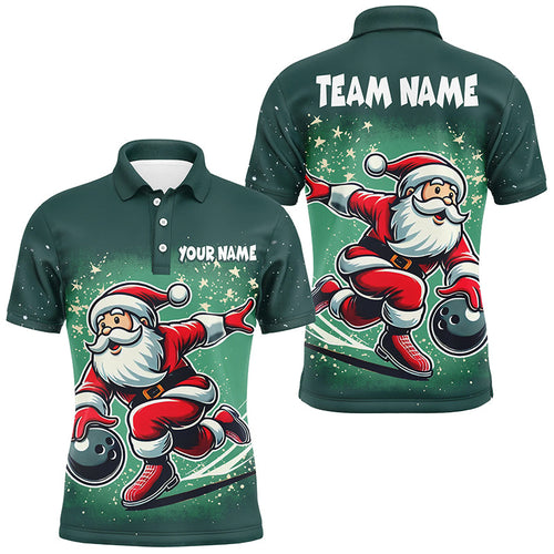 Funny Green Santa Bowling polo, quarter zip shirt for men Custom bowling uniforms Christmas jerseys NQS8685