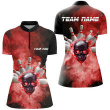 Load image into Gallery viewer, Black and Red Smoke Skull Bowling Jersey For Women Custom Bowling Polo, Quarter zip shirt Team Bowlers NQS8687