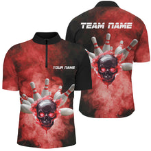 Load image into Gallery viewer, Black and Red Smoke Skull Bowling Jersey For Men Custom Bowling Polo, Quarter zip shirt Team Bowlers NQS8687