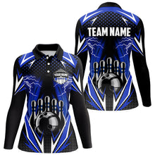 Load image into Gallery viewer, Black Women Bowling Polo, 1/4 zip Shirt Custom blue lightning team Ladies Bowler Jersey bowling outfit NQS8690