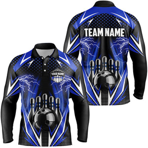 Black Men Bowling Polo, 1/4 zip Shirt Custom blue lightning team Mens Bowlers Jerseys bowling outfits NQS8690