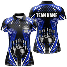 Load image into Gallery viewer, Black Women Bowling Polo, 1/4 zip Shirt Custom blue lightning team Ladies Bowler Jersey bowling outfit NQS8690