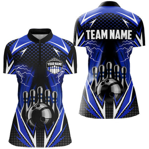 Black Women Bowling Polo, 1/4 zip Shirt Custom blue lightning team Ladies Bowler Jersey bowling outfit NQS8690