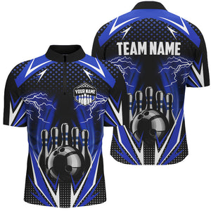 Black Men Bowling Polo, 1/4 zip Shirt Custom blue lightning team Mens Bowlers Jerseys bowling outfits NQS8690