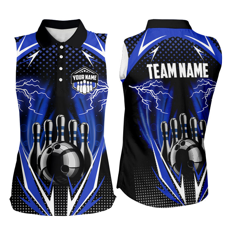 Black Bowling Sleeveless Polo Shirt Custom blue lightning team Ladies Bowler Jersey bowling outfit NQS8690