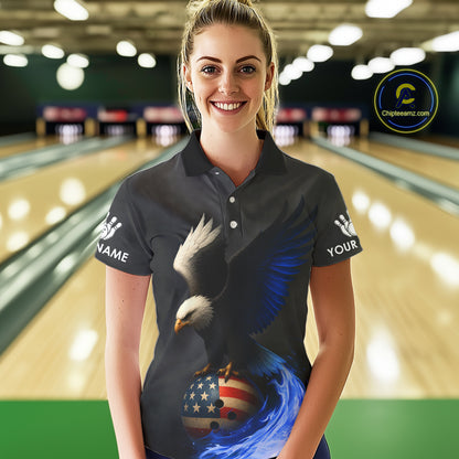 Black and White Eagle Blue Flame American Flag Bowling Shirt For Women Custom Team Bowling Jersey NQS10857