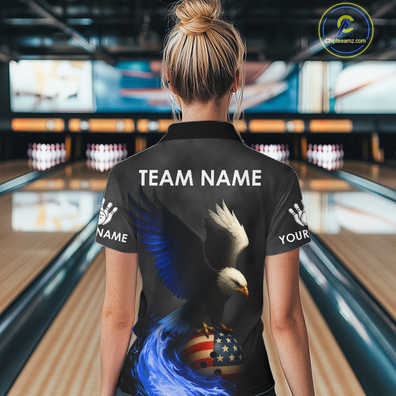 Black and White Eagle Blue Flame American Flag Bowling Shirt For Women Custom Team Bowling Jersey NQS10857
