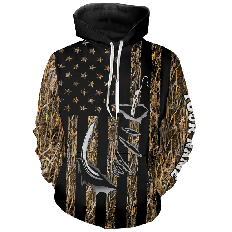 Personalized American Flag Camo Fishing Jerseys, Fish hook camo patriotic Hoodie Fishing Shirts NQS8920