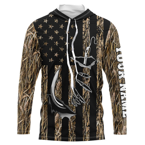 Personalized American Flag Camo Fishing Jerseys, Fish hook camo patriotic Long Sleeve Fishing Shirts NQS8920