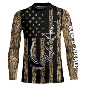 Personalized American Flag Camo Fishing Jerseys, Fish hook camo patriotic Long Sleeve Fishing Shirts NQS8920