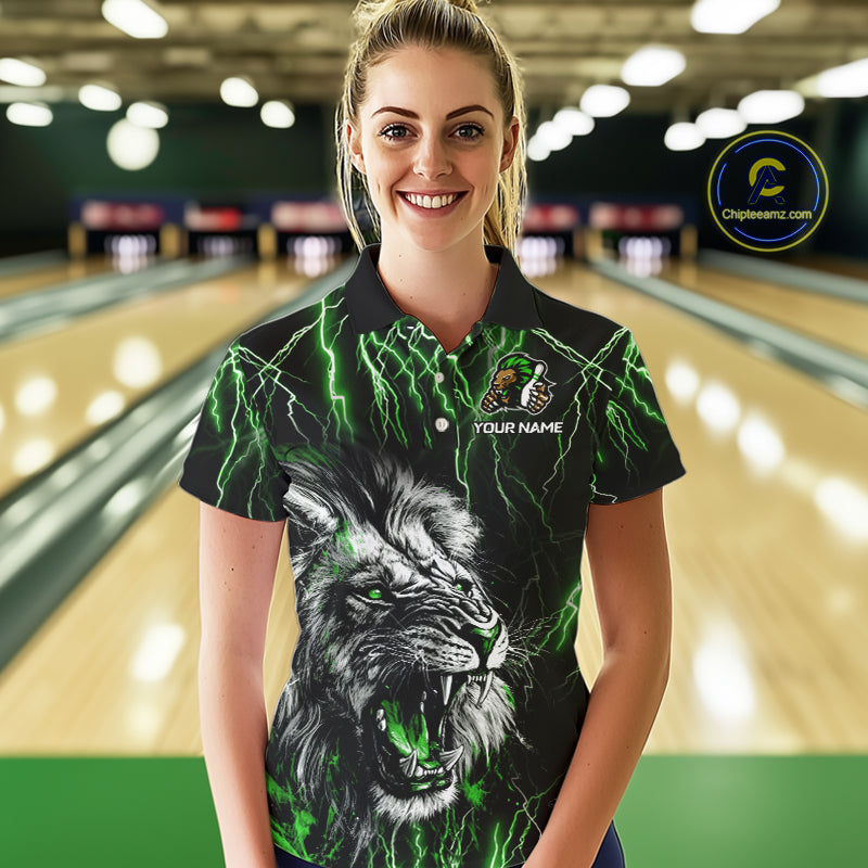 Black and Green Lightning Thunder Lion Bowling Shirt For Women Custom Lion Bowling Team Jerseys NQS11044