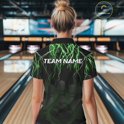 Black and Green Lightning Thunder Lion Bowling Shirt For Women Custom Lion Bowling Team Jerseys NQS11044
