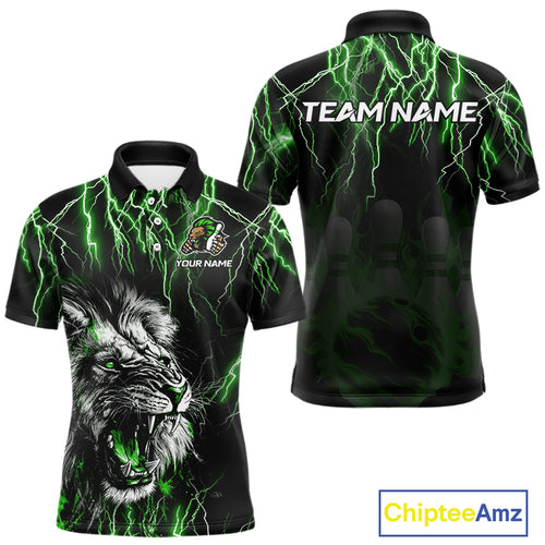 Black and Green Lightning Thunder Lion Bowling Shirt For Men Custom Lion Bowling Team Jerseys NQS11044