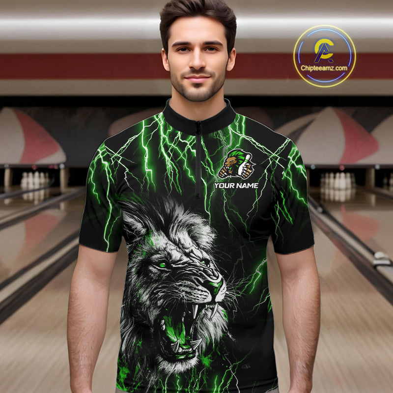 Black and Green Lightning Thunder Lion Bowling Shirt For Men Custom Lion Bowling Team Jerseys NQS11044