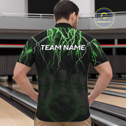Black and Green Lightning Thunder Lion Bowling Shirt For Men Custom Lion Bowling Team Jerseys NQS11044