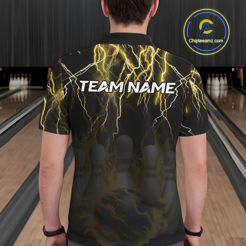 Black and Yellow Lightning Thunder Lion Bowling Shirt For Men Custom Lion Bowling Team Jerseys NQS11045