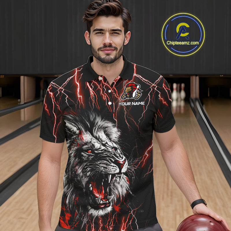 Black and Red Lightning Thunder Lion Bowling Shirt For Men Custom Lion Bowling Team Jerseys NQS11046