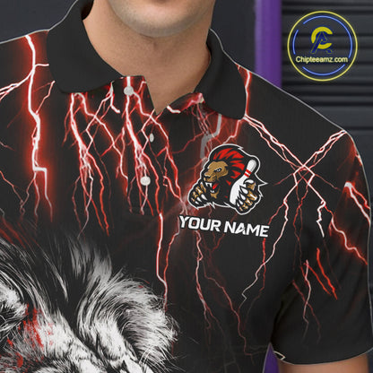 Black and Red Lightning Thunder Lion Bowling Shirt For Men Custom Lion Bowling Team Jerseys NQS11046