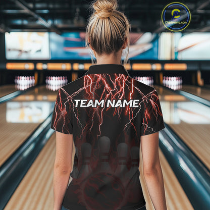 Black and Red Lightning Thunder Lion Bowling Shirt For Women Custom Lion Bowling Team Jerseys NQS11046
