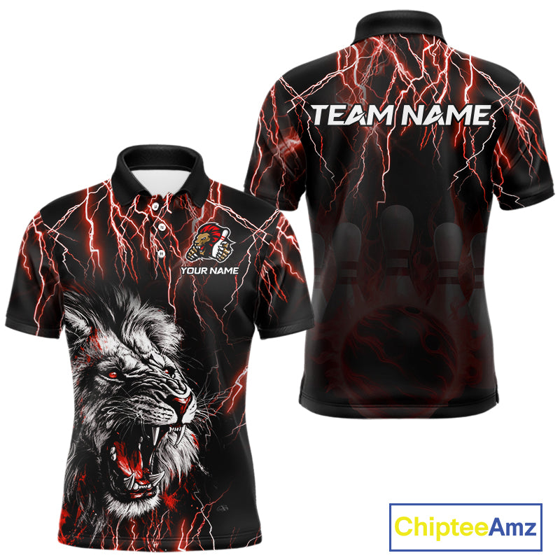 Black and Red Lightning Thunder Lion Bowling Shirt For Men Custom Lion Bowling Team Jerseys NQS11046