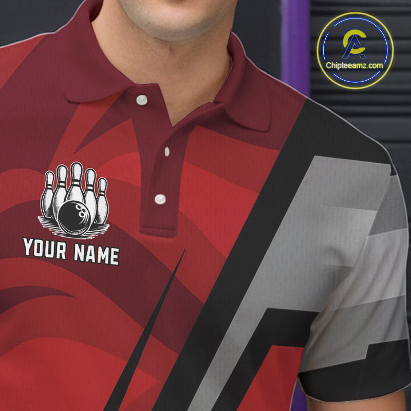 Red Camo Flame Bowling Polo, Quarter Zip Shirts For Men Custom Team Jerseys bowling outfits for men NQS11048