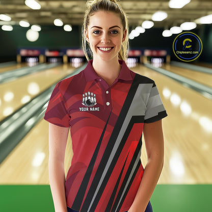 Red Camo Flame Women Bowling Polo, Quarter Zip Shirts Custom Team Jerseys bowling outfits for ladies NQS11048