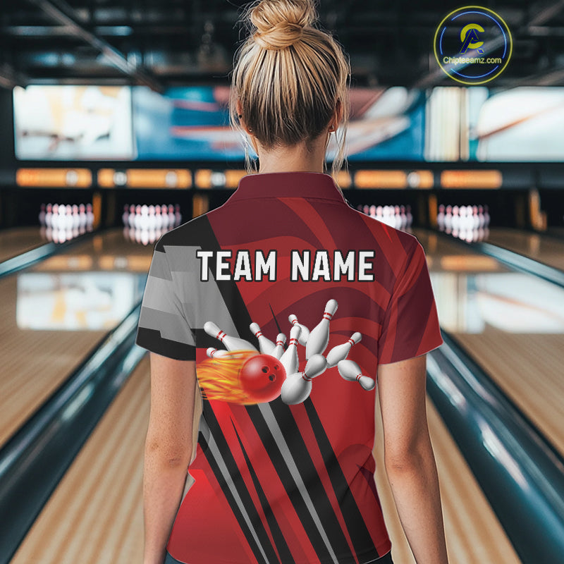 Red Camo Flame Women Bowling Polo, Quarter Zip Shirts Custom Team Jerseys bowling outfits for ladies NQS11048