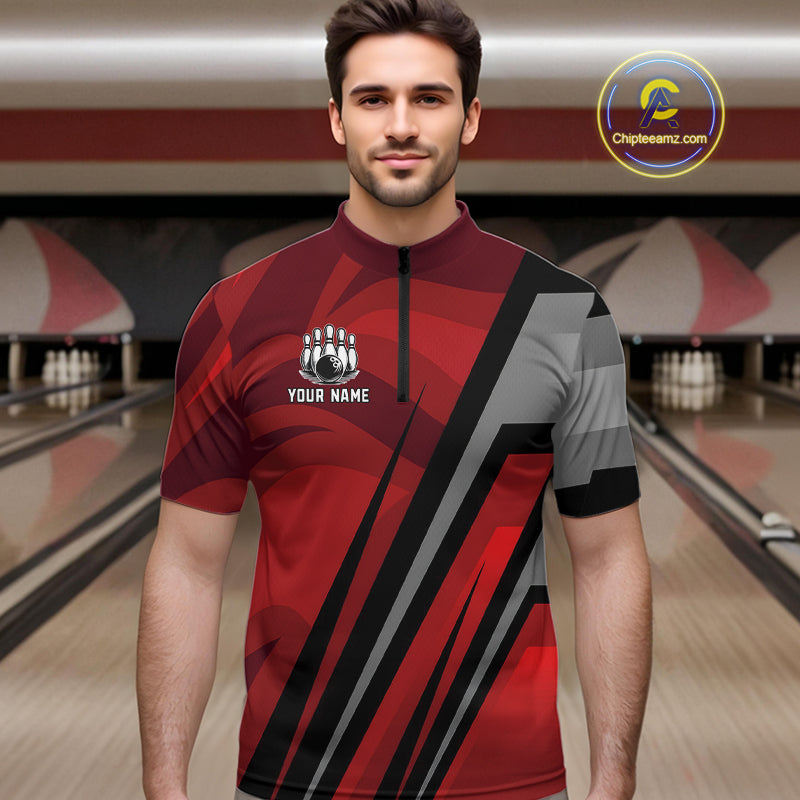 Red Camo Flame Bowling Polo, Quarter Zip Shirts For Men Custom Team Jerseys bowling outfits for men NQS11048