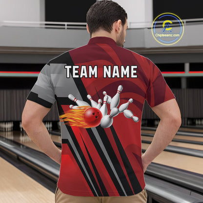 Red Camo Flame Bowling Polo, Quarter Zip Shirts For Men Custom Team Jerseys bowling outfits for men NQS11048