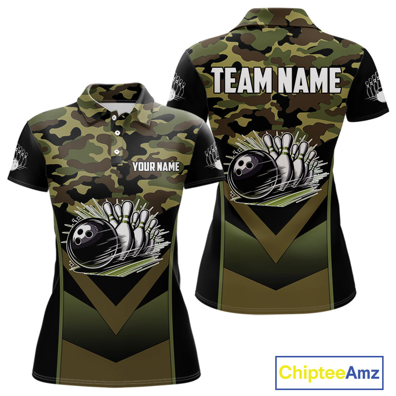 Black green camo Womens polo, quarter Zip bowling shirts Custom bowling team league jerseys NQS11050