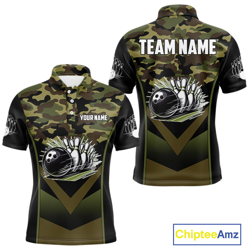 Black green camo Mens polo, quarter Zip bowling shirts Custom bowling team league jerseys NQS11050