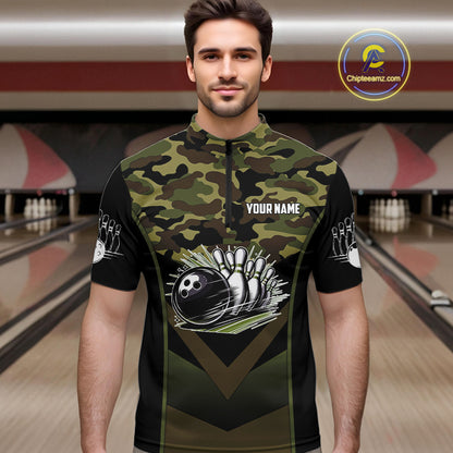 Black green camo Mens polo, quarter Zip bowling shirts Custom bowling team league jerseys NQS11050