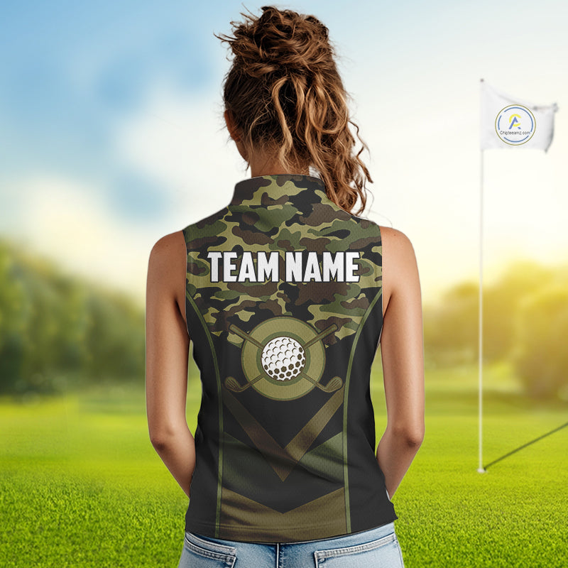 Black green camo Women Sleeveless Polo shirt Custom golf outfit ladies, personalized golf gifts NQS11051