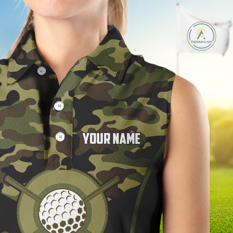 Black green camo Women Sleeveless Polo shirt Custom golf outfit ladies, personalized golf gifts NQS11051