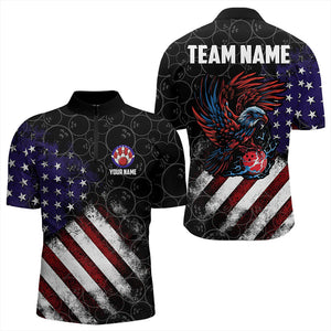 Retro American Flag Eagle Bowling Polo, Quarter Zip Shirt for Men Custom Patriotic Bowling Team Jersey NQS9162