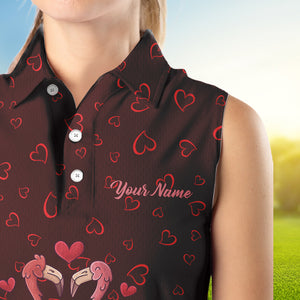 Funny Flamingo red heart pattern Women sleeveless polo shirt custom Valentine golf tops gifts for her NQS9366