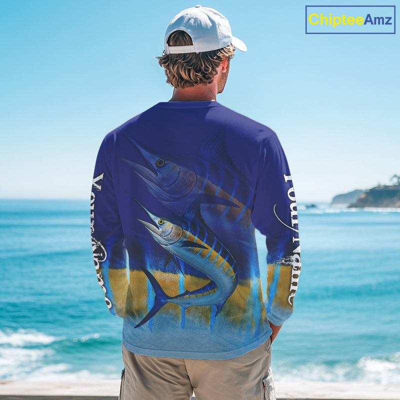 Personalized Marlin fishing scales blue sun protection fishing shirts, Custom Marlin fishing jerseys NQS11436