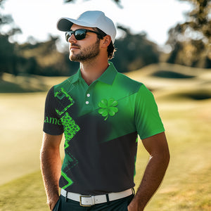 Mens golf polo shirt custom name green clover St Patrick day golf shirts, golfing gifts | Black NQS9514