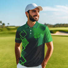 Load image into Gallery viewer, Mens golf polo shirt custom name green clover St Patrick day golf shirts, golfing gifts | Black NQS9514