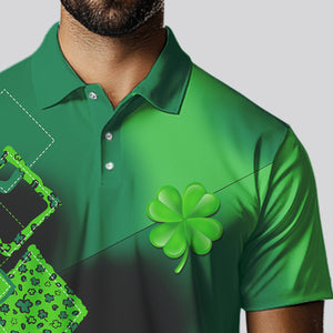 Mens golf polo shirt custom name green clover St Patrick day golf shirts, golfing gifts | Black NQS9514