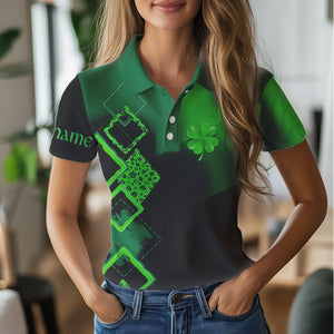 Womens golf polo shirts custom name green clover St Patrick day golf shirts, golfing gifts | Black NQS9514