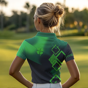 Womens golf polo shirts custom name green clover St Patrick day golf shirts, golfing gifts | Black NQS9514