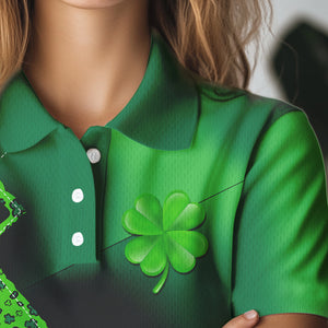 Womens golf polo shirts custom name green clover St Patrick day golf shirts, golfing gifts | Black NQS9514