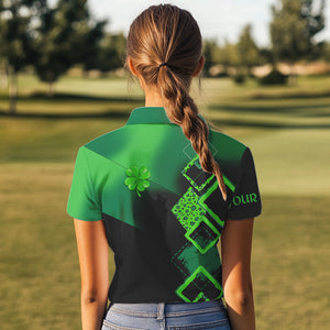 Womens golf polo shirts custom name green clover St Patrick day golf shirts, golfing gifts | Black NQS9514